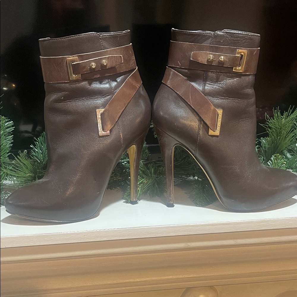 Guess Chocolate Brown Heeled Boots with Gold Buckles